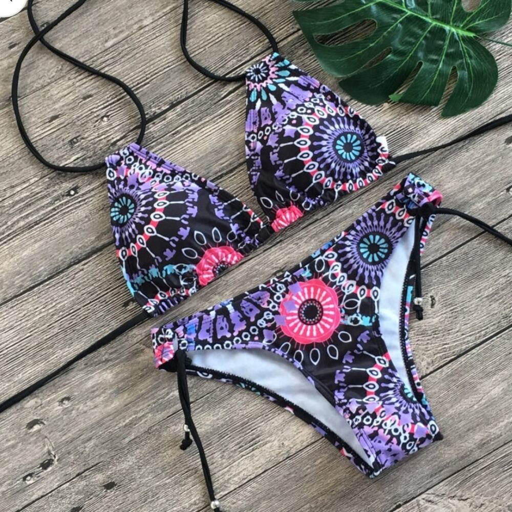 Mandala Geo Print Bikini Black Purple Size Small NEW